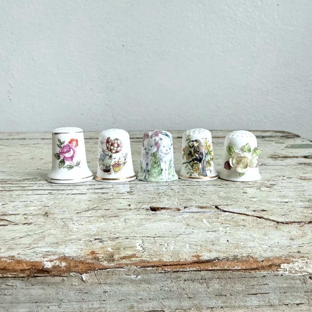 Vintage Coalport Fine Bone China Thimble Set 5pc Floral Bird Lambs